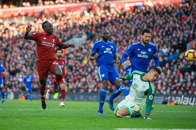 Liverpool's Sadio Mane, left, scored twice against Cardiff City. EPA