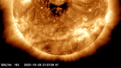 Satellite imagery shows the Sun in ultraviolet light colourised in light brown. Dark patches on its surface are in the shape of a smile. Photo: Nasa