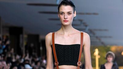 Ever practical, Hermes presents a leather apron skirt with a bandeau top. AFP