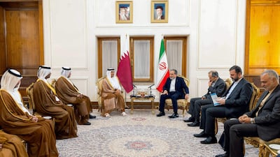 Qatar's Prime Minister and Minister of Foreign Affairs Sheikh Mohammed bin Abdulrahman, centre left, holds talks in Tehran with Iranian Foreign Minister Abbas Araghchi, centre right. AFP