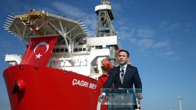 Turkish Energy Minister Alparslan Bayraktar speaks in front of the deep-sea drilling vessel Cagri Bey, off the coast of Somalia. Photo: Alparslan Bayraktar