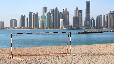 A football goal at a beach in front of the skyline of Doha, Qatar, 21 April 2015. EPA