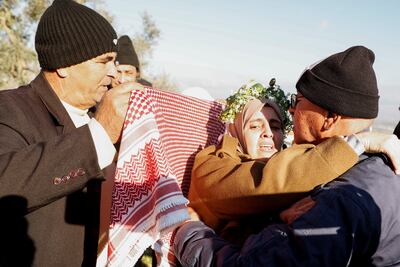 Freed Palestinian detainee Nidaa Zaghebi is greeted in Jenin in the Israeli-occupied West Bank. Reuters