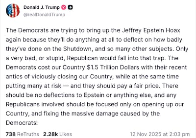 US President Donald Trump posted this message on Truth Social on November 12, 2025.