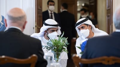 Sheikh Zayed bin Mohamed and Ali Al Shamsi, deputy secretary general of the Supreme National Security Council, attend a meeting with Mr Mitsotakis.