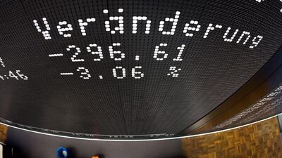 The loss of German stock index DAX at the stock exchange in Frankfurt Main. Deepening fears about a war in Ukraine battered world markets with shares in both Europe and Russia tumbling, while oil and gold prices jumped. FRAMK RUMPENHORST / EPA