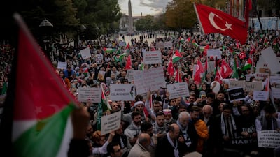 People listen to speeches at a pro-Palestinians protest in Istanbul, Turkey, Sunday, November 12, 2023. AP Photo