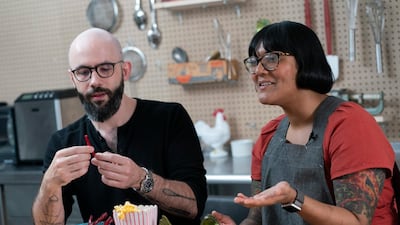 Chef Sohla El-Waylly, during a taping of the 'Stump Sohla' series with Andrew Rea, founder of the Binging with Babish network. AP Photo
