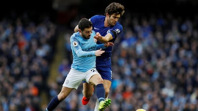 City's Bernardo Silva in action with Chelsea's Marcos Alonso. Reuters