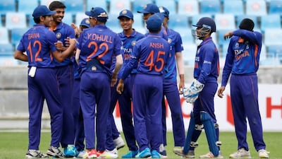 India celebrate a wicket during their Under-19 Asian Cup final win against Sri Lanka at Dubai International Stadium on December 31, 2021. photo: Asian Cricket Council's Twitter
