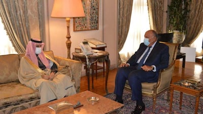 Egypt’s Foreign Minister Sameh Shoukry meets his Saudi counterpart Prince Faisal bin Farhan. Photo: Egyptian Foreign Ministry