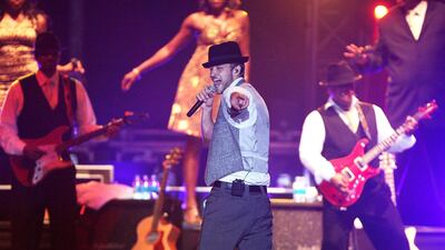 Justin Timberlake performs onstage at the closing night of his FutureSex/LoveShow World Tour in the grounds of Emirates Palace Hotel. Getty Images.