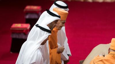 UAE ministers arrive at the Foundation ceremony of the first traditional Hindu Mandir in Abu Dhabi, UAE, in the presence of senior Hindu priest Mahant Swami Maharaj. Reem Mohammed/The National