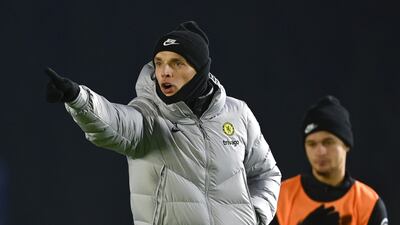Chelsea manager Thomas Tuchel directs the session.