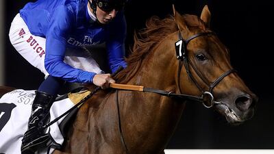 Jockey William Buick riding Safety Check wins the Race4 Al Fahidi Fort sponsored by Meydan Sobha at the Meydan Racecourse in Dubai . ( Satish Kumar / The National )