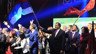 President of Bosnia and Herzegovina's entity Republika Srpska, Milorad Dodik acknowledges supporters during his address at a rally in Bosnian Serb stronghold town of Pale near Sarajevo, late on September 25, 2016, declaring that referendum held during the day was successful. AFP