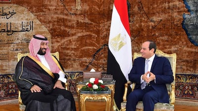 Mohammed bin Salman, left, meets with Egyptian President Abdel-Fattah El Sisi in Cairo. Egyptian Presidency via AP