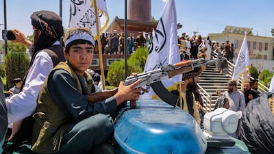Taliban members and supporters in Kabul celebrate the second anniversary of the takeover of the Afghan government. EPA