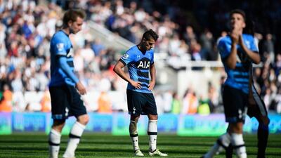 Erik Lamela (c) of Tottenham Hotspur looks dejected after the Premier League match between Newcastle United and Tottenham Hotspur at St James’ Park on May 15, 2016 in Newcastle upon Tyne, England. (Stu Forster/Getty Images)