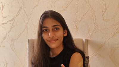 Riva Tulpule, a 15-year-old at Gems Modern Academy, received her first dose of the Pfizer-BioNTech vaccine. Courtesy: Riva Tulpule