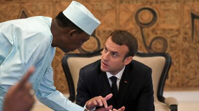 Chad's president Idriss Deby Itno speaks with French president Emanuel Macron during a private meeting during the G5 Sahel summit, in Bamako, Mali July 2, 2017. Christophe Archambault / Reuters