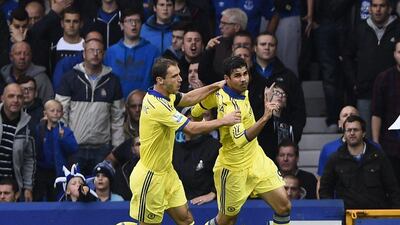 Chelsea's Diego Costa, right celebrates with Branislav Ivanovic after scoring one of his two goals against Everton on Saturday in Chelsea's 6-3 victory in the English Premier League. Dylan Martinez / Reuters / August 30, 2014