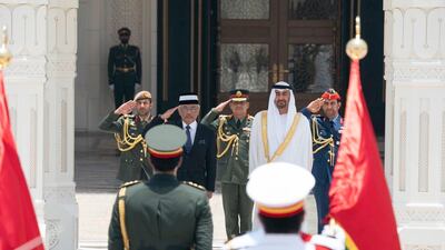 Sheikh Mohamed bin Zayed, Crown Prince of Abu Dhabi and Deputy Supreme Commander of the Armed Forces, receives the King of Malaysia, Sultan Abdullah Sultan Ahmad Shah, at an official reception ceremony at Al Watan Palace. Courtesy Sheikh Mohamed bin Zayed Twitter