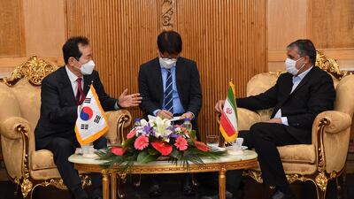 South Korean Prime Minister Chung Sye-kyun holding talks with Iran's Roads and Urban Development Minister Mohammad Eslami in Tehran, Iran. EPA