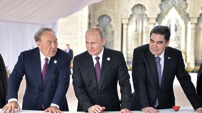 President of Kazakhstan Nursultan Nazarbayev, who resigned on Tuesday, with President of Russia Vladimir Putin and President of Turkmenistan Gurbanguly Berdimuhamedow. EPA
