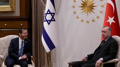 Israeli President Isaac Herzog, left, with his Turkish host President Recep Tayyip Erdogan in Ankara. EPA