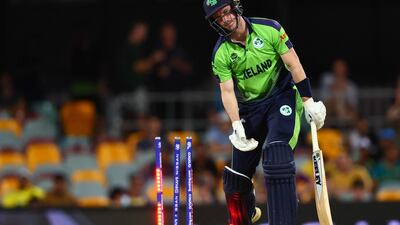 Ireland's George Dockrell is bowled by Australia's Mitchell Starc. AFP