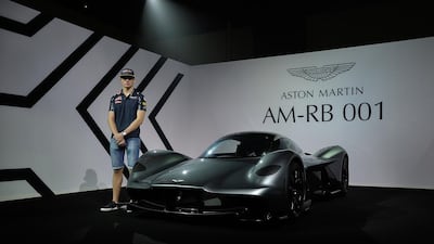 The teenage Red Bull Racing F1 pilot Max Verstappen alongside the AM-RB 001 hypercar, a collaboration between Aston Martin and Verstappen's F1 team, as it makes its Middle East debut in Abu Dhabi. Courtesy Red Bull Racing