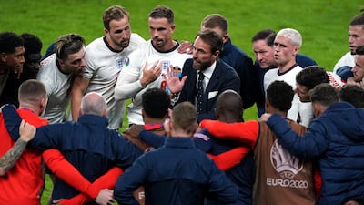 England manager Gareth Southgate gives a team talk at half-time of extra-time during the Euro 2020 semi-final win over Denmark at Wembley Stadium on July 7, 2021. PA