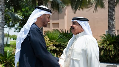 President Sheikh Mohamed greets Bahrain's King Hamad before their meeting on Wednesday. All photos: UAE Presidential Court