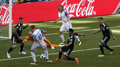 Iceland's Alfred Finnbogason scores to level the match at 1-1. Rebecca Blackwell / AP Photo
