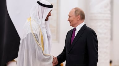 President Sheikh Mohamed is received by Vladimir Putin, President of Russia, at the Kremlin in Moscow during an official visit last year. Photo: UAE Presidential Court