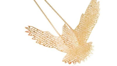 Inspire envy and respect with the Perlota Birds of Freedom falcon necklace in 18-carat yellow gold and white diamonds. Available exclusively at s*uce ROCKS. Price available upon request.