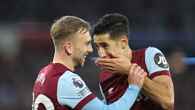 West Ham United's Jarrod Bowen (left) celebrates scoring their third. PA