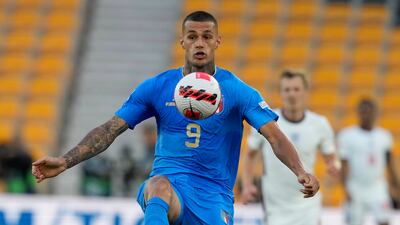 Gianluca Scamacca of Italy controls the ball during the Nations League match against England in Wolverhampton on June 11, 2022. EPA