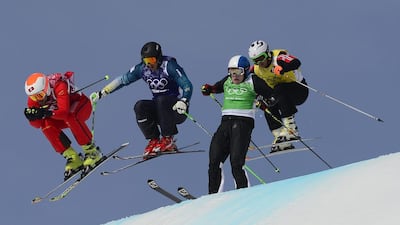 Rush hours traffic for skiers in Heat 2 of the Men's Freestyle Skiing Ski Cross Finals at the Rosa Khutor Extreme Park on February 20, 2014. Javier Soriano / AFP