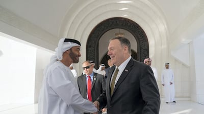 Sheikh Mohamed bin Zayed, Crown Prince of Abu Dhabi and Deputy Supreme Commander of the Armed Forces, bids farewell to US Secretary of State Mike Pompeo following a meeting at Sea Palace. Mohamed Al Hammadi / Ministry of Presidential Affairs