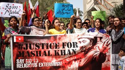 Protesters supporting Mashal Khan, a university student who was brutally killed by a mob of students for alleged blasphemy in Abdul Wali Khan University, during a protest in Hyderabad, Pakistan, 16 April 2017. Nadeem Khawer/EPA