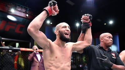 Khamzat Chimaev of Chechnya celebrates after his knockout victory over Gerald Meerschaert in Las Vegas. Zuffa LLC
