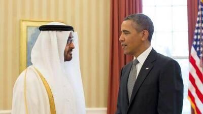 Sheikh Mohammed bin Zayed, Crown Prince of Abu Dhabi and Deputy Supreme Commander of the Armed Forces, with the US president, Barack Obama, in the Oval Office yesterday. Sheikh Mohammed and Mr Obama highlighted expanding ties between both countries. Ryan Carter / Crown Prince Court
