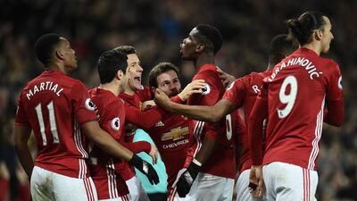Paul Pogba, centre, and Zlatan Ibrahimovic have been at the centre of a Manchester United renaissance this season. Oli Scarff AFP