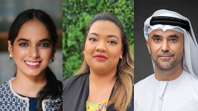 From left, Emirati author Dubai Abulhoul, poet Afra Atiq, and author and diplomat Omar Saif Ghobash will appear at the 2022 London Book Fair. Photo: Sharjah Book Authority