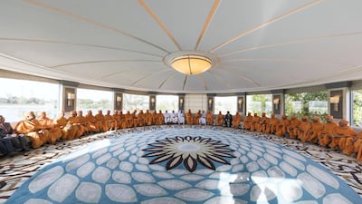Sheikh Nahyan welcomes Mahant Swami Maharaj, Dr. BR Shetty and 50 BAPS sadhus in his royal Majlis.