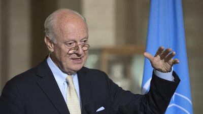 Staffan de Mistura, UN Special Envoy for Syria, speaks during a news conference at the European headquarters of the United Nations in Geneva, Switzerland, on May 26, 2016. Martial Trezzini/Keystone via AP