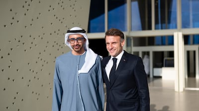 Sheikh Abdullah bin Zayed, Deputy Prime Minister and Minister of Foreign Affairs, bids farewell to Mr Macron