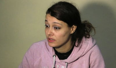 Emilie Konig speaking at an undisclosed location in Syria in 2018. AFP